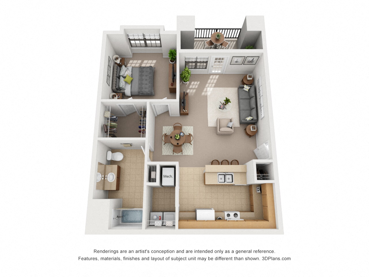 Floor plan for 1 bed, 1 bath, 733 sqft